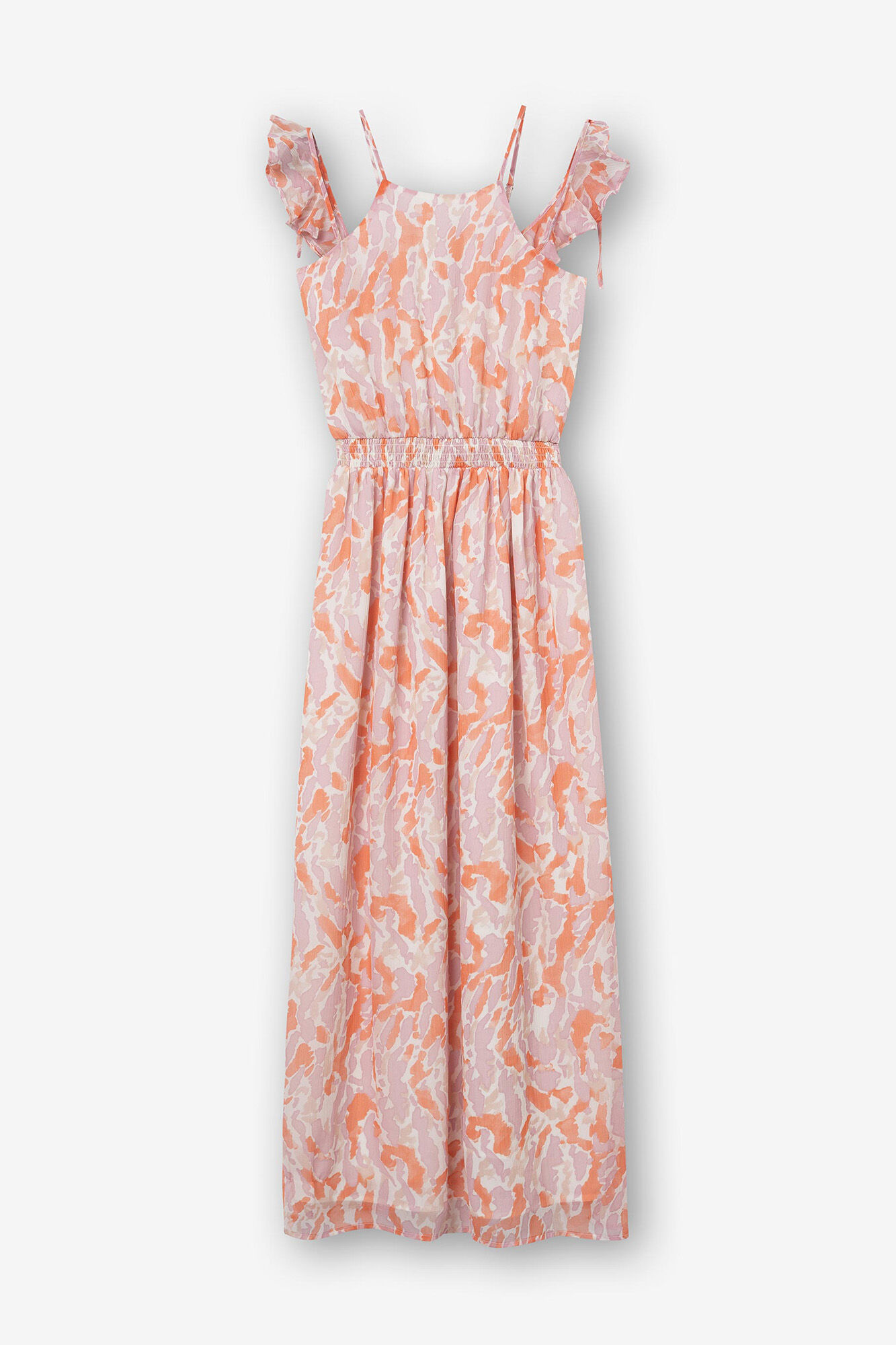 Vestido longo com mangas curtas e decote redondo.