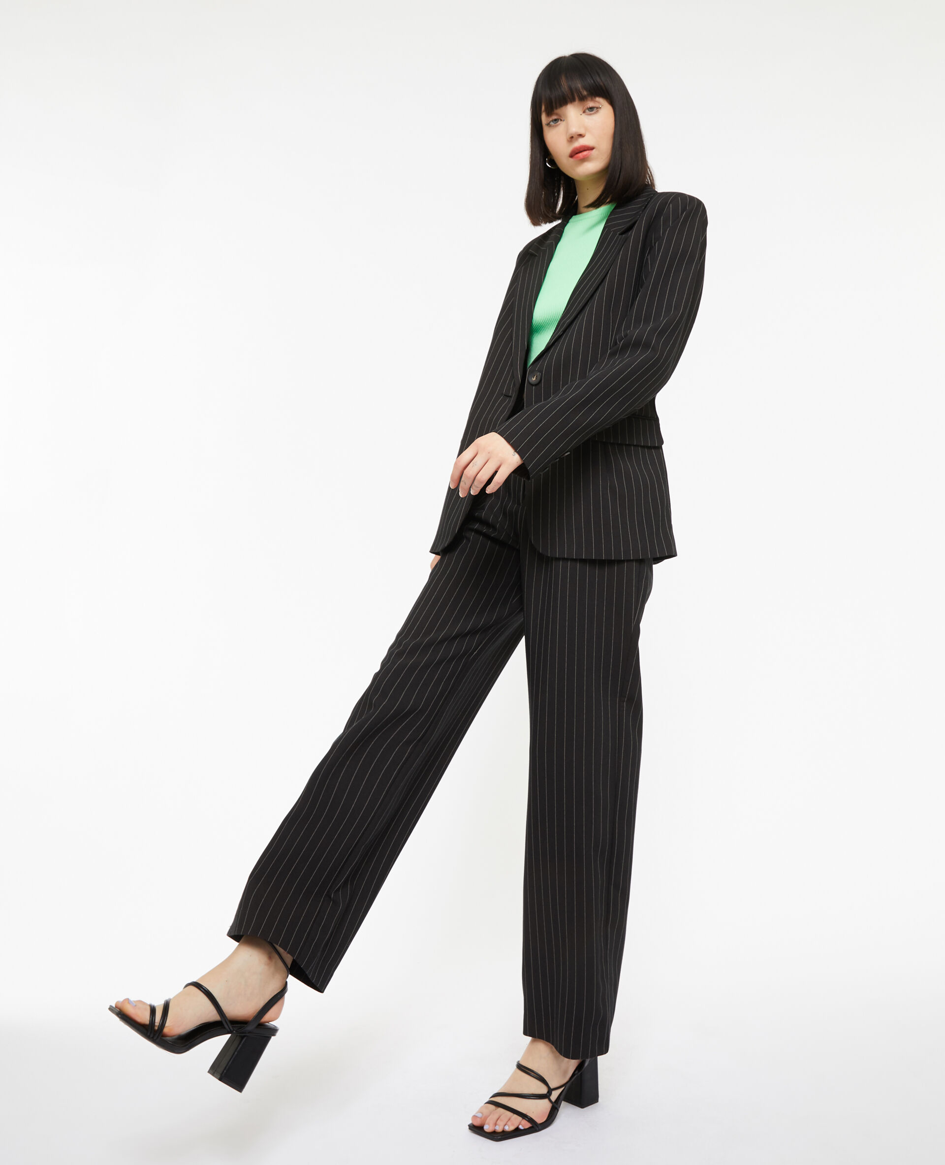 Veste blazer droite avec fines rayures - Noir