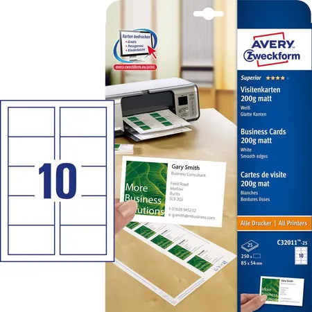 Avery Zweckform C32011-25 Superior Visitenkarten, 85 x 54 mm, einseitig beschichtet, 250 Karten / 25 Bogen