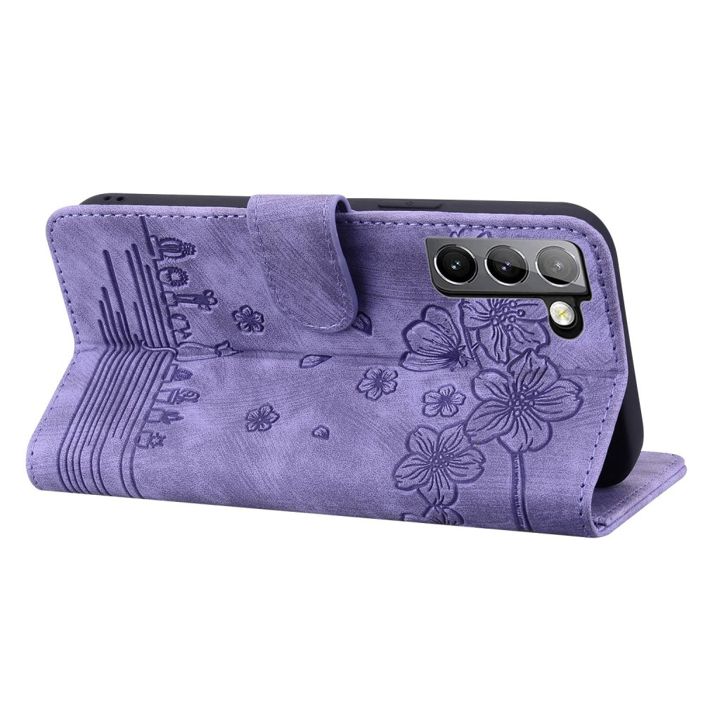 Samsung Galaxy S22 5G Leder Tasche Flip Cover Katze & Blumen Imprint - Lila