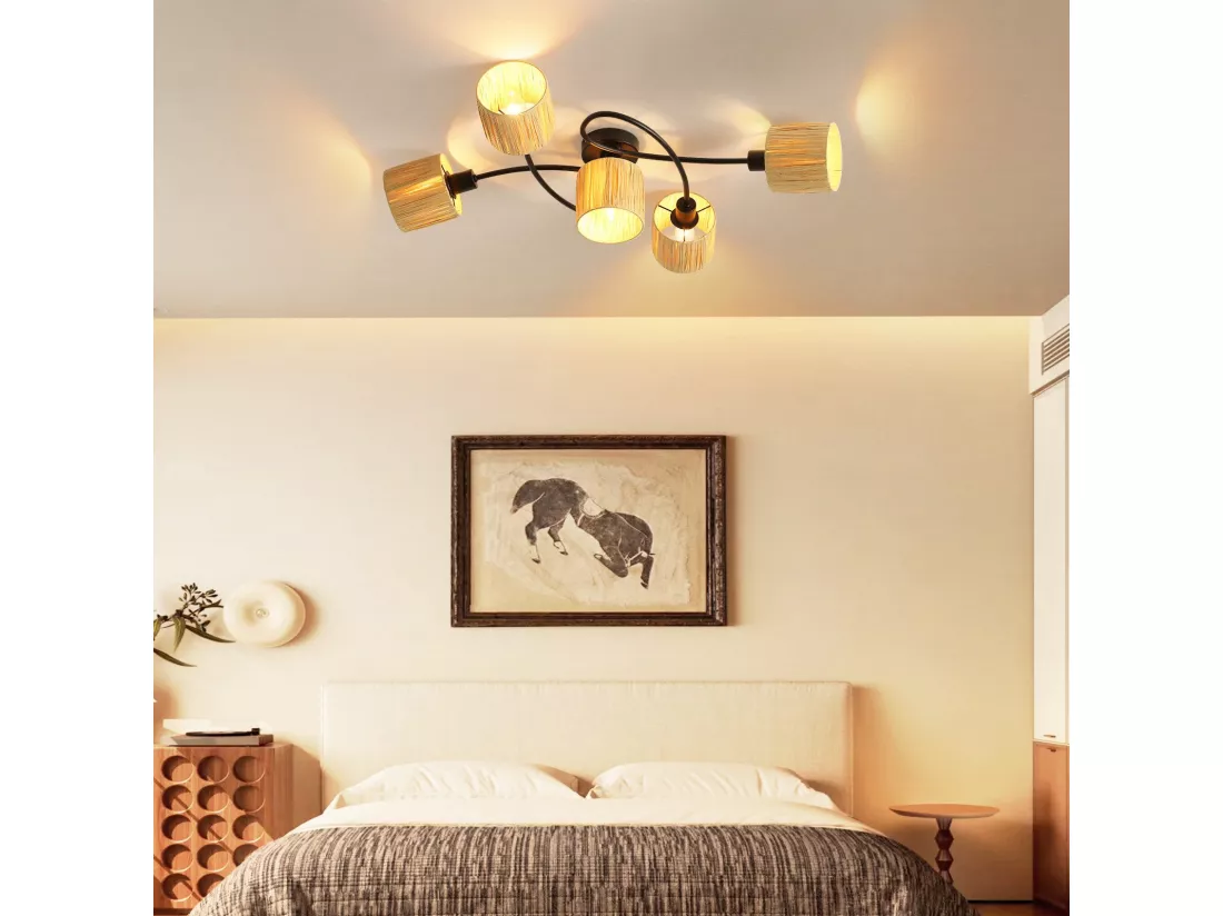 Spot De Plafond 5 Flammes E14 Noir Naturel Plafonnier Papier Salon