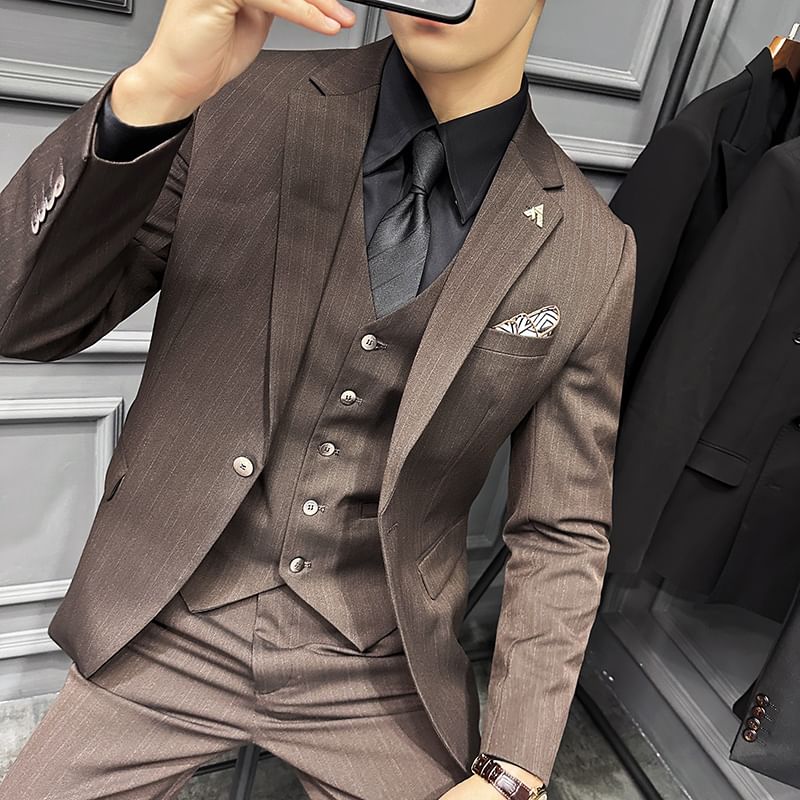 Bay Go Mall - Set: Blazer met reverskraag, effen enkelrijs + vest met knopen + pantalon met middelhoge taille