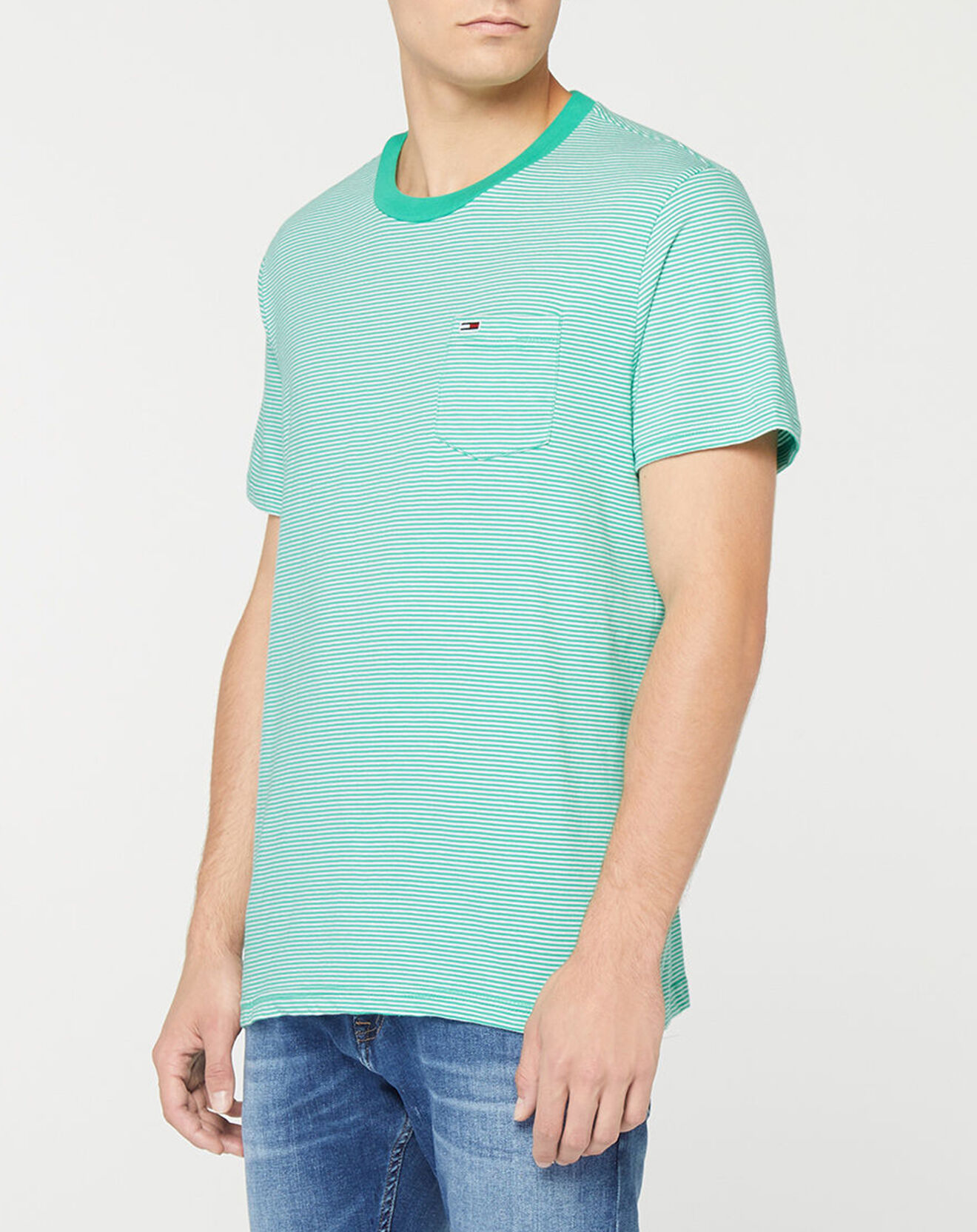 Tommy Jeans T-Shirt 100% Coton Bio Pocket à fines rayures vert/blanc