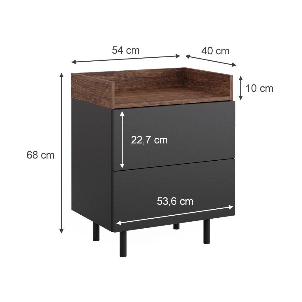 Vicco Nachttisch 2er-Set Anika, 54 x 68 cm, Anthrazit Walnussbraun, Schubfächer
