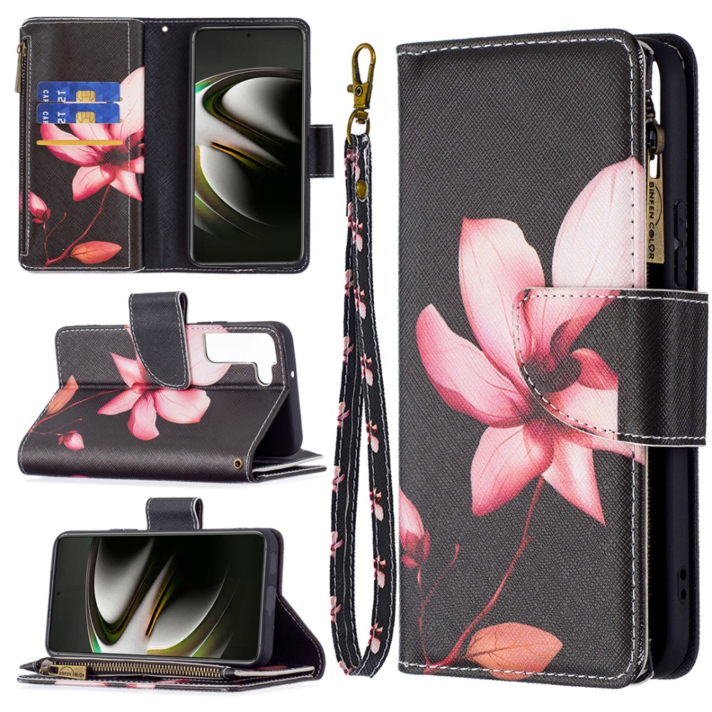 Samsung Galaxy S22 5G Leder Wallet Etui Tasche mit 9 Kartenfächern   Münzfach - Pinke Blume