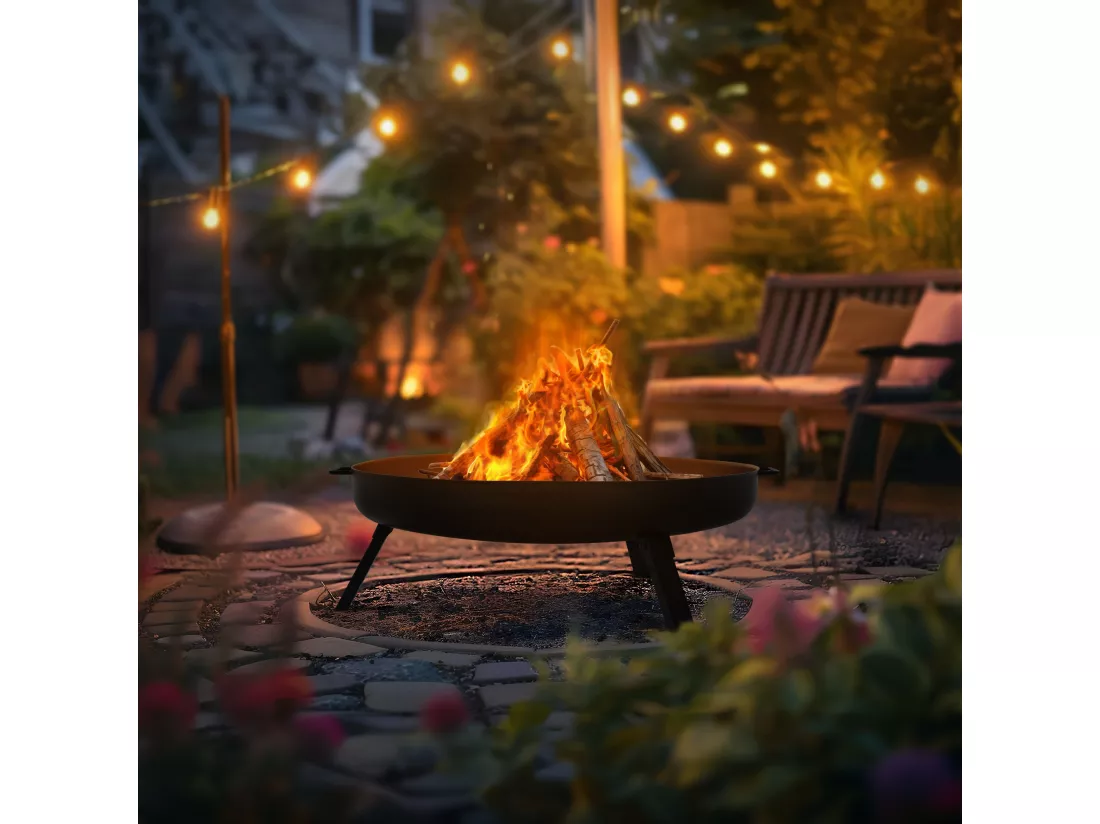 Bol à feu basero acier noir avec 3 pieds pliables foyer grille barbecue Ø70x27cm