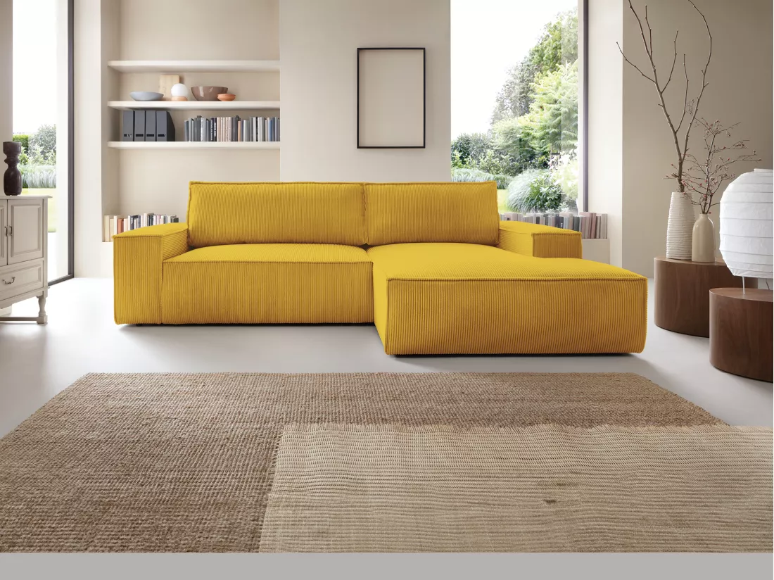 Canapé d'angle droit convertible en velours côtelé jaune AMELIA