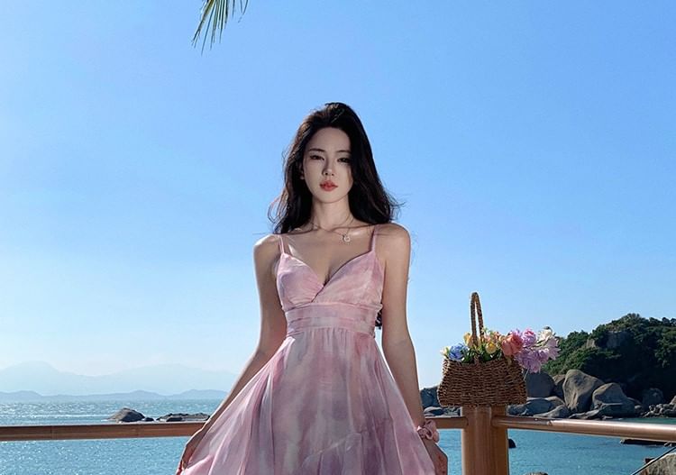 Moanum - Spaghettibandjes Tie Dye Asymmetrische Maxi A-lijn Jurk