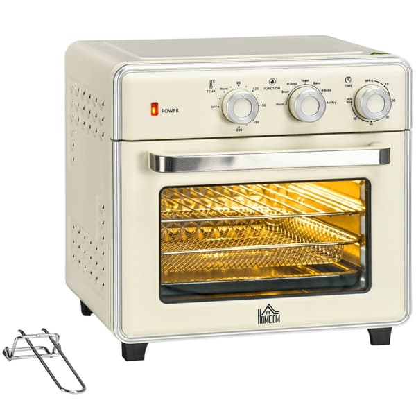 Miniovn Med Sirkulasjonsluft 20L, 7 I 1 Pizzaovn Inkludert Stekebrettsett, Stekekurv, Smulebrett, 1 Times Timer, 1400 W, Kremhvit