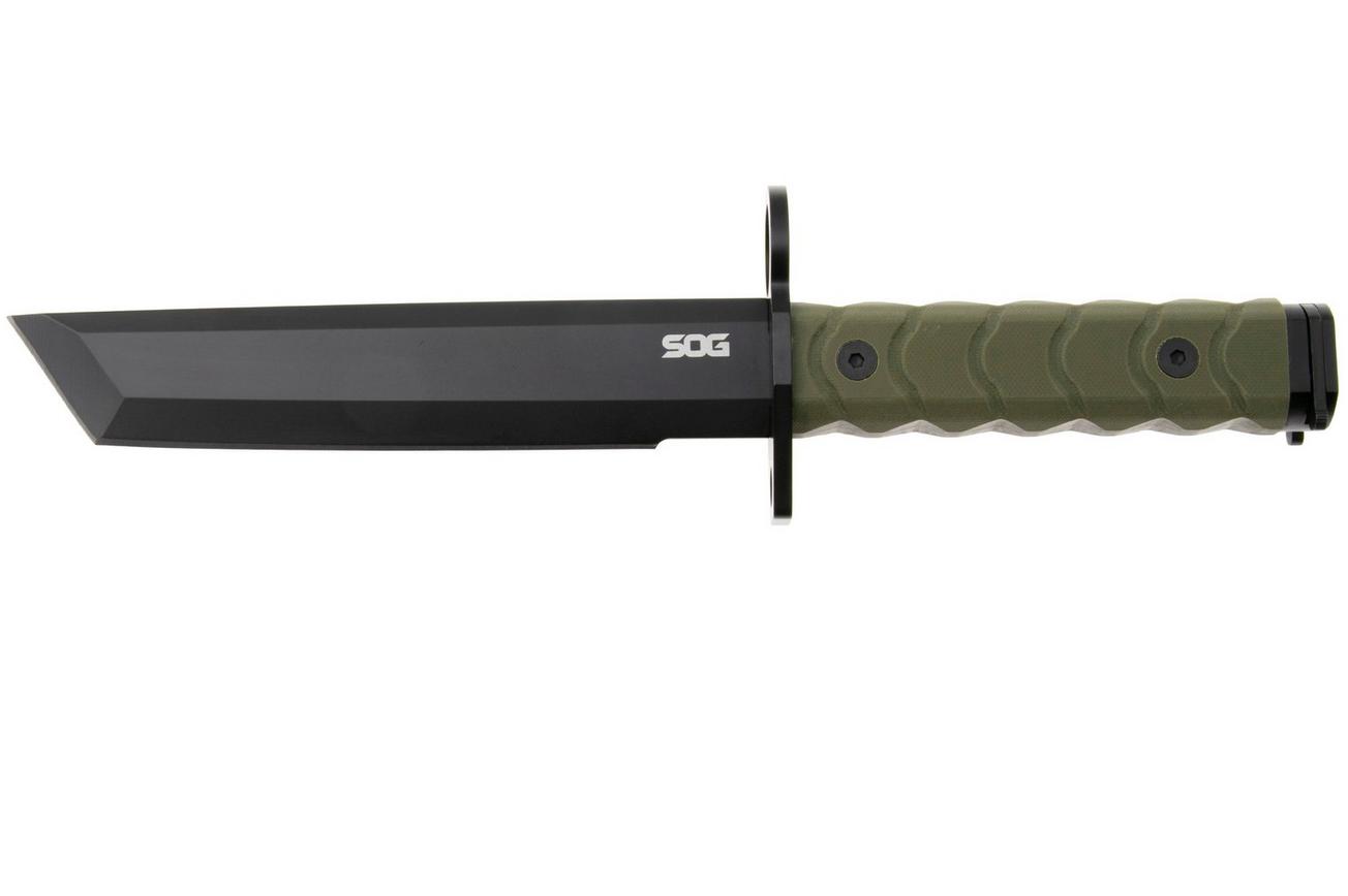 SOG BAR15T BY1002-BX, Black PVD AUS-8 Tanto, OD-Green G10 vaststaand mes