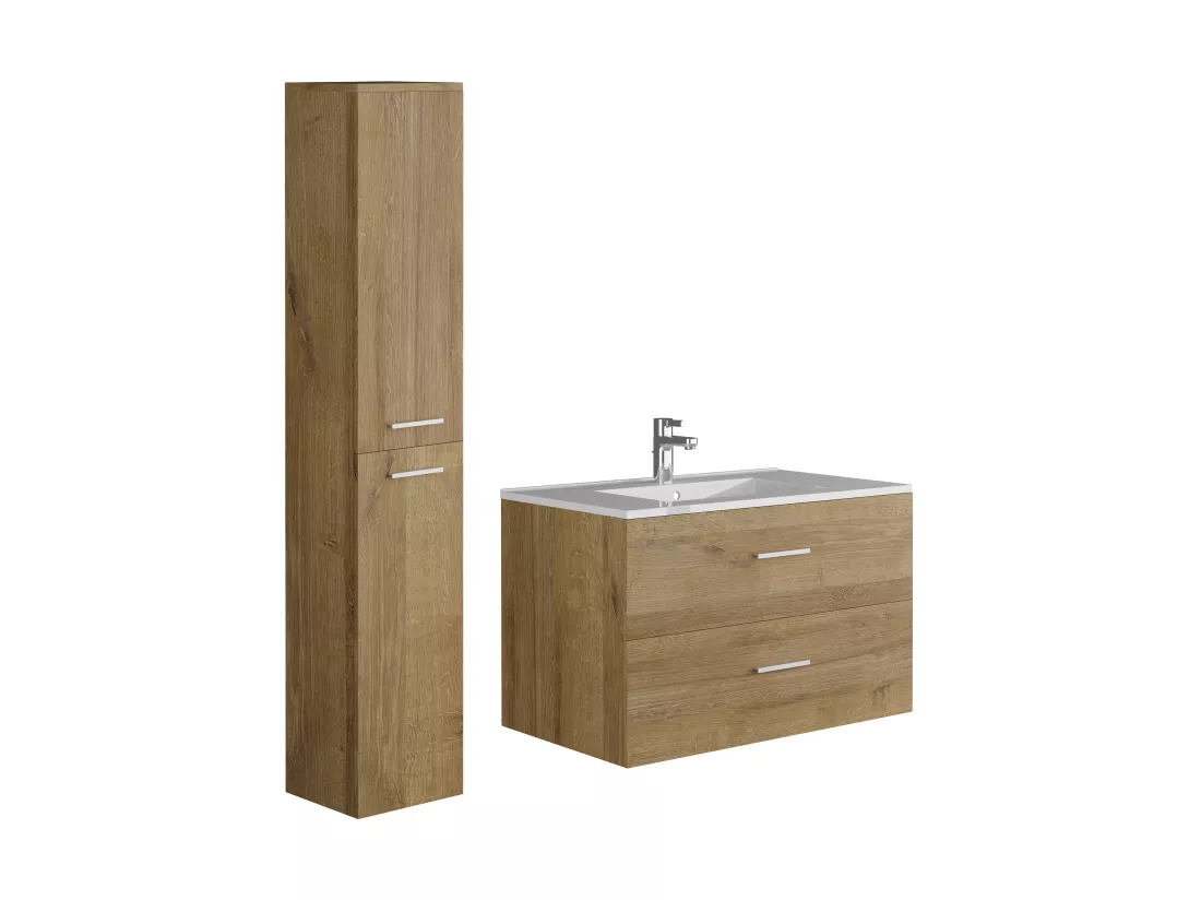 Meuble de salle de bain suspendu simple vasque avec colonne de rangement - Coloris naturel clair - 80 cm - KAYLA