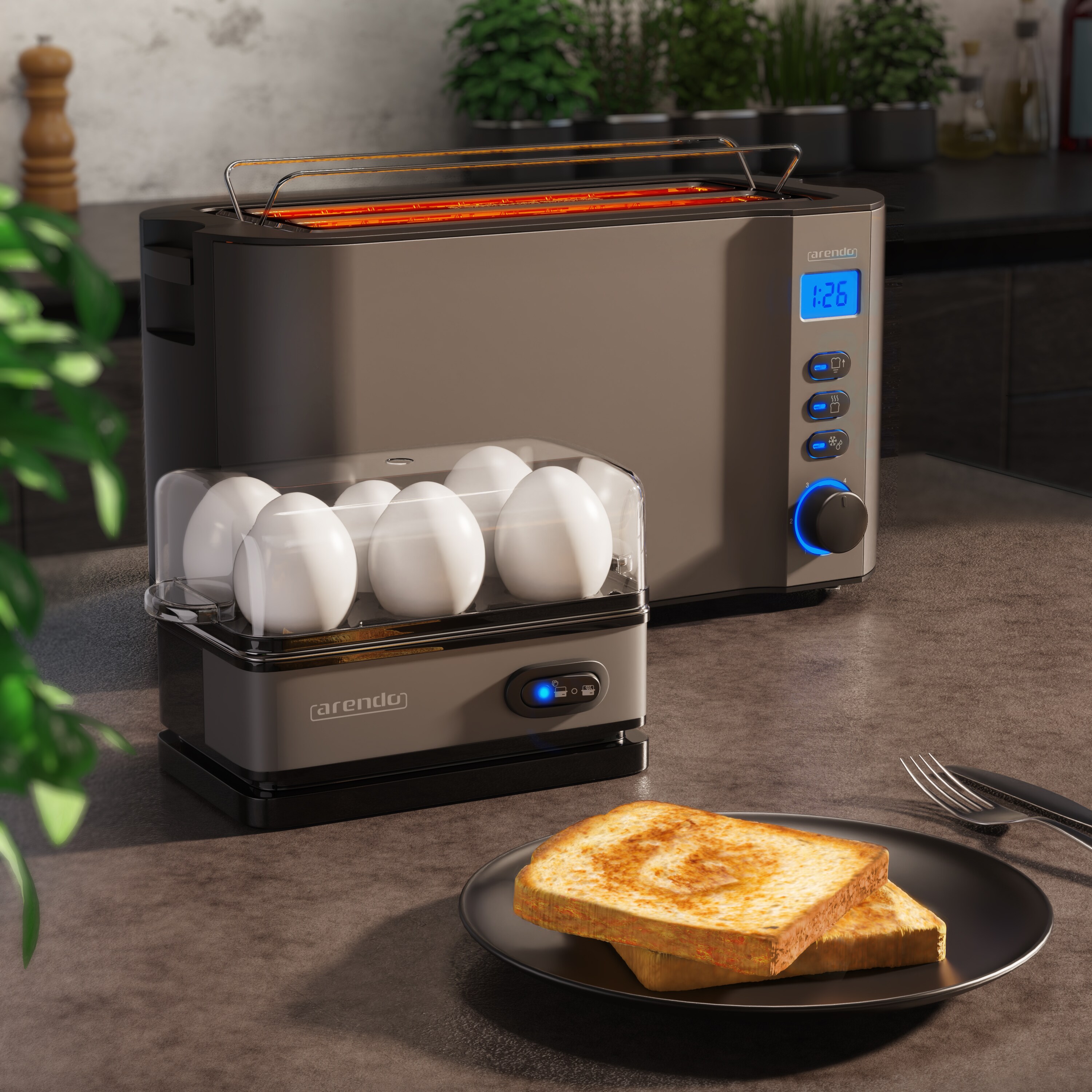 Arendo Frühstücks-Set, 6er Eierkocher SIXCOOK, Langschlitztoaster 4-Scheiben, Grau