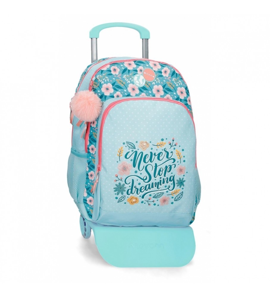 Mochila escolar Movem Never Stop Dreaming com rodinhas azuis