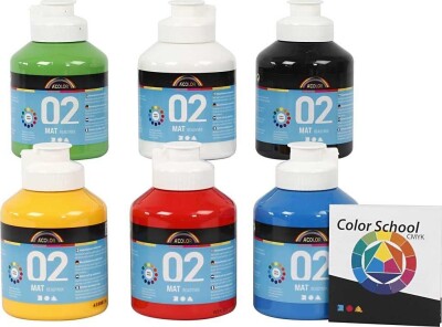 Akrylmaling Sæt - A-Color Farveskole - Primære Farver 02 Mat - 6X500Ml