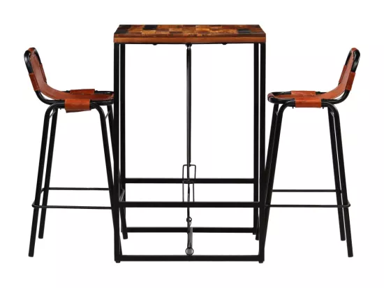Ensemble de bar 3 pcs Bois massif recyclé et cuir de chèvre