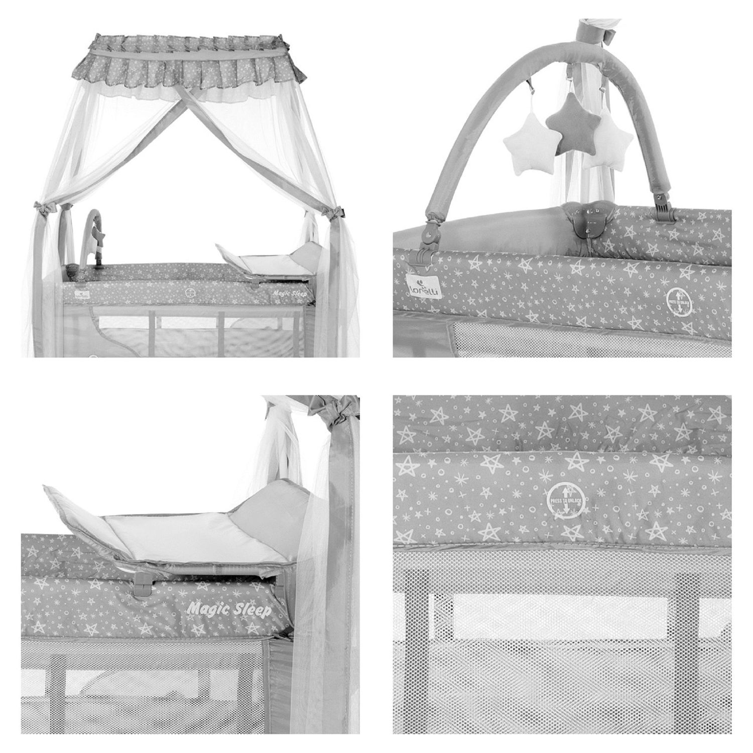 Lorelli Reisebett Magic Sleep 2 Ebenen Baldachin Mobile Wickelauflage faltbar grau