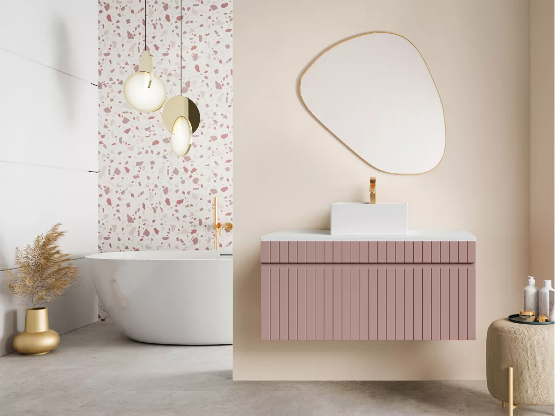 Meuble de salle de bain suspendu strié rose avec vasque à poser - 100 cm - SATARA