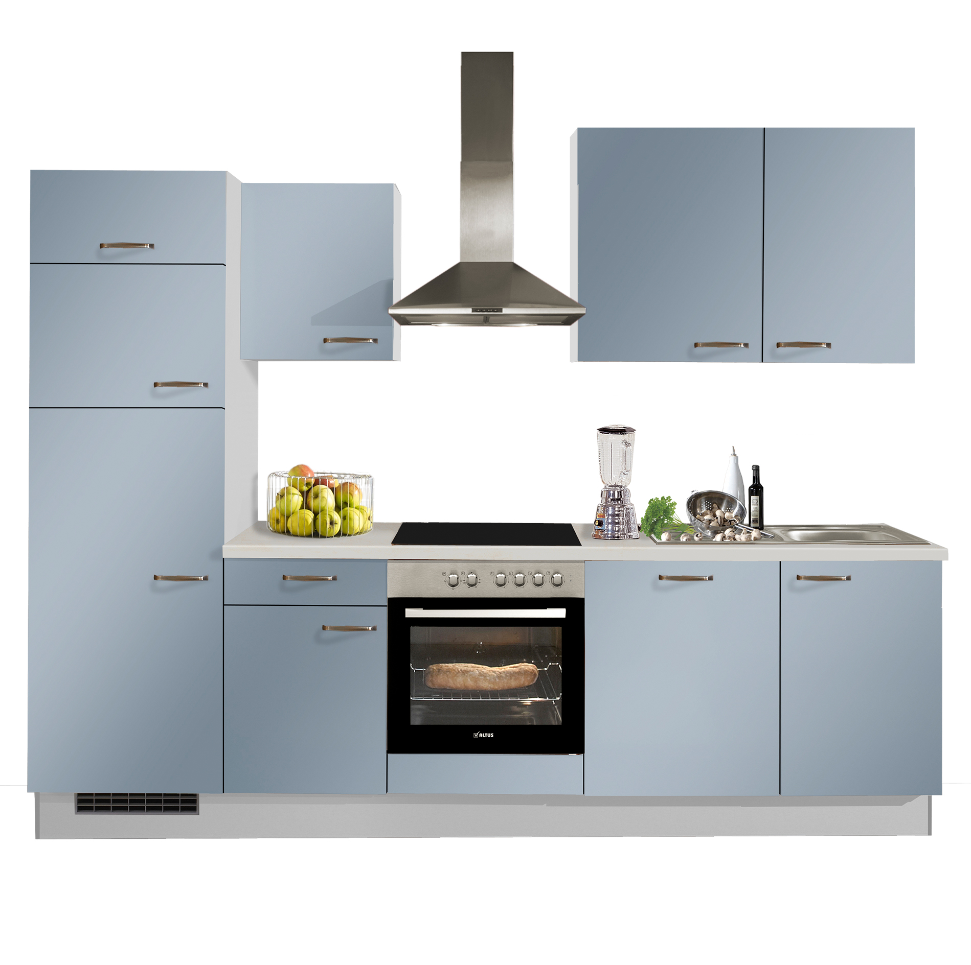 pino Küchenblock PN105 - Pastellblau-Lichtgrau - mit E-Geräten - Kühlschrank links - 280 cm