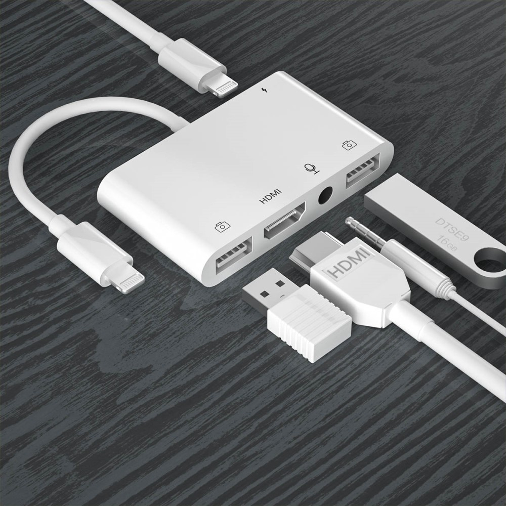 Lightning auf HDMI Digital AV / Dual USB A / 3.5mm Klinke Adapter für Apple iPhone / iPad - Weiss