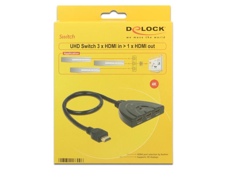 Delock Verteiler 3 Port HDMI Switch 4K/60Hz Delock HDMI UHD Switch 3 x HDMI in > 1 x HDMI out 4K mit integriertem Kabel 50 cm
