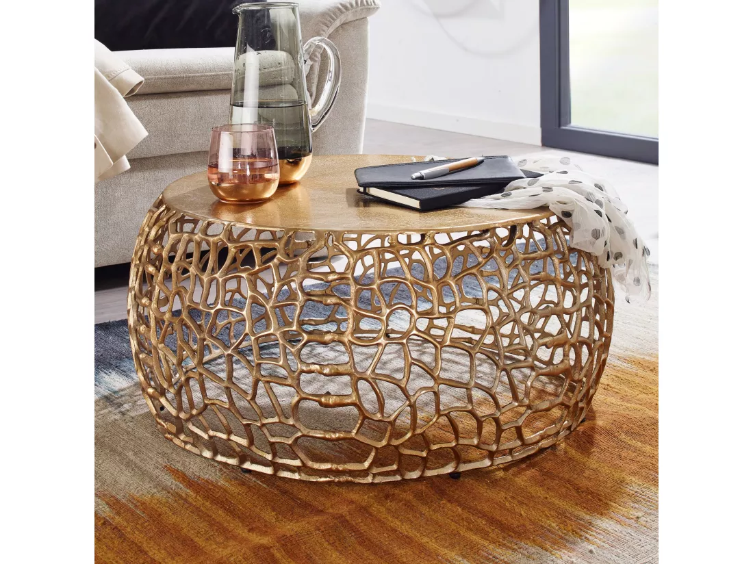 Table Basse de Salon Aluminium Or 66x66x30 cm Ronde Métal | Petite Table de Canapé avec Structure en Branches | Design Table d'appoint Style Moderne