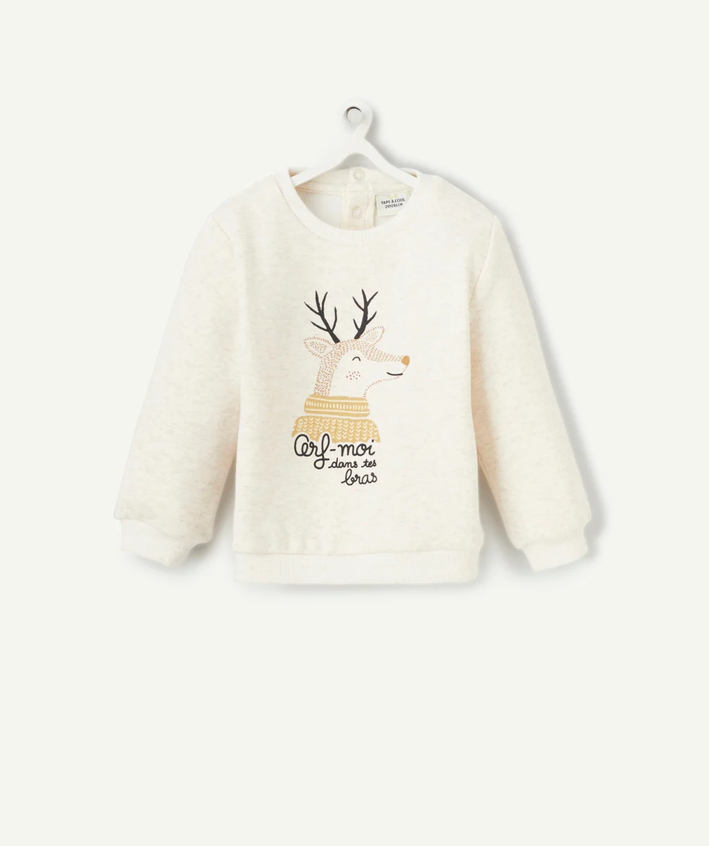 SWEAT BÉBÉ GARÇON EN FIBRES RECYCLÉES ÉCRU CHINÉ MOTIF CERF