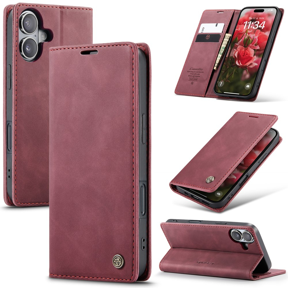 iPhone 16 Leder Tasche Flip Wallet Etui mit Kartenfächern - Dunkelrot