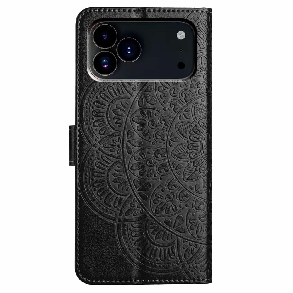 iPhone 17 Pro Max Leder Tasche Wallet - Mandala Flowers Imprint - Schwarz