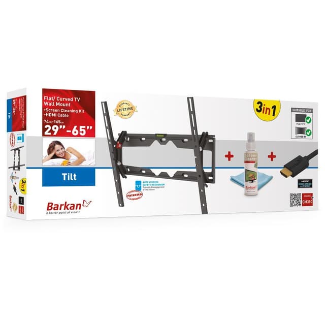 Barkan 3 i 1 Combo: Flad / buet tv-vægbeslag + skærmrens + HDMI-kabel CM310+ vægbeslag, tilt, 29-65