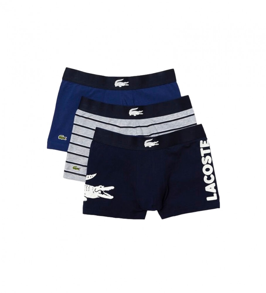 Conjunto de 3 cuecas boxer Lacoste 5H1803 nas cores azul marinho, cinza e azul.
