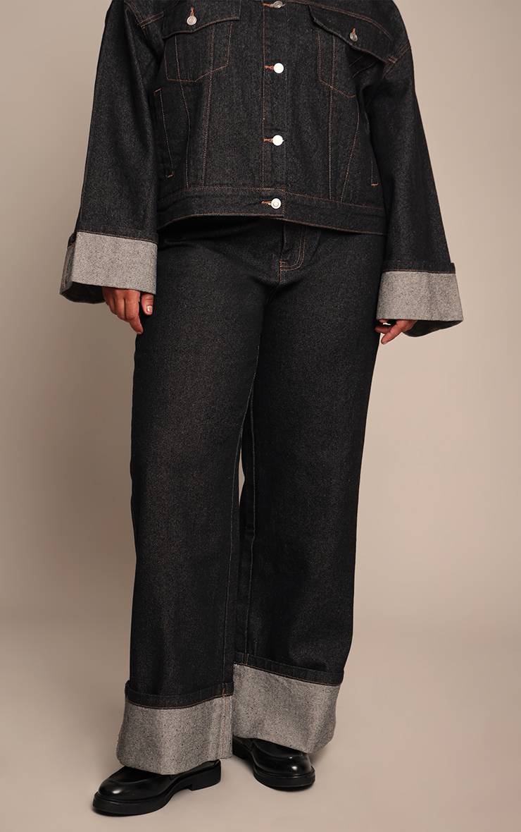 Bleu Indigo Jean Grande Taille Jambe Large Brut Ourlet Retroussé Surpiqûres Contrastées