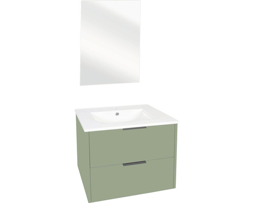 Badkamermeubelset Differnz Bolo BxHxD 61 x 110 x 46 cm Frontkleur verdigris Badkamermeubelset 3-delig met witte keramische wastafel en spiegel Onderkast