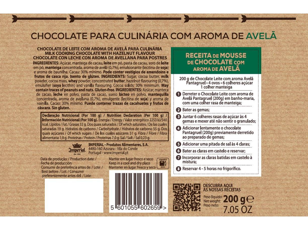 TABLETE CULINÁRIA PANTAGRUEL AVELÃ 200G