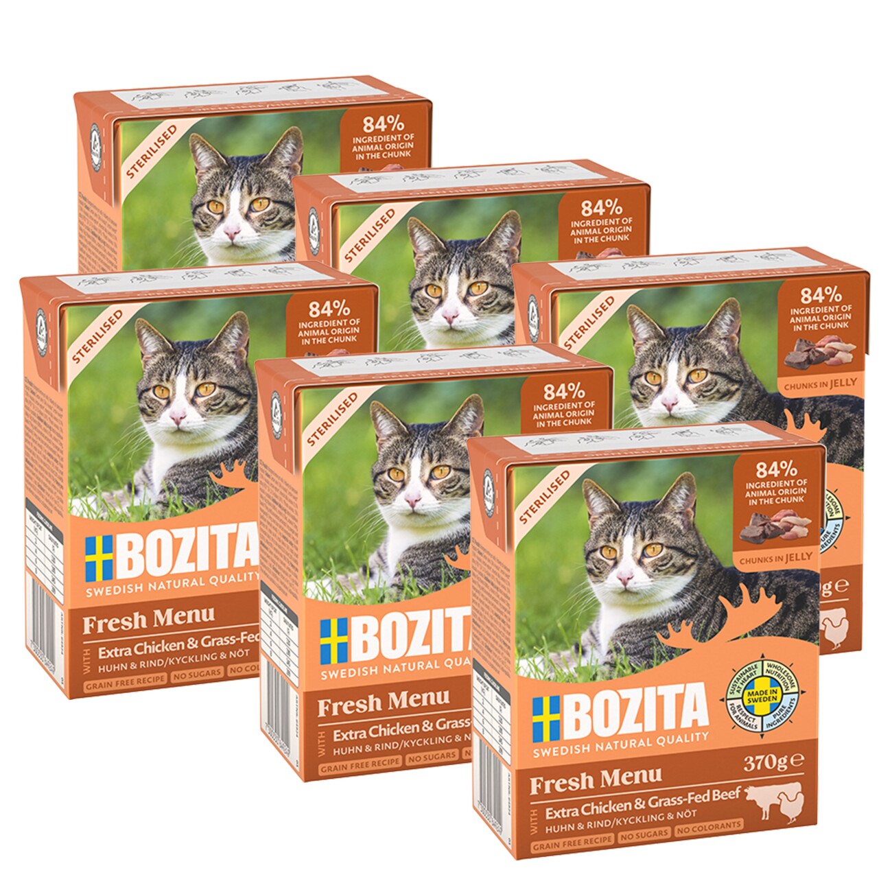 BOZITA Nassfutter Katze Sterilised Häppchen in Gelee mit Huhn & Rind 6x370 g