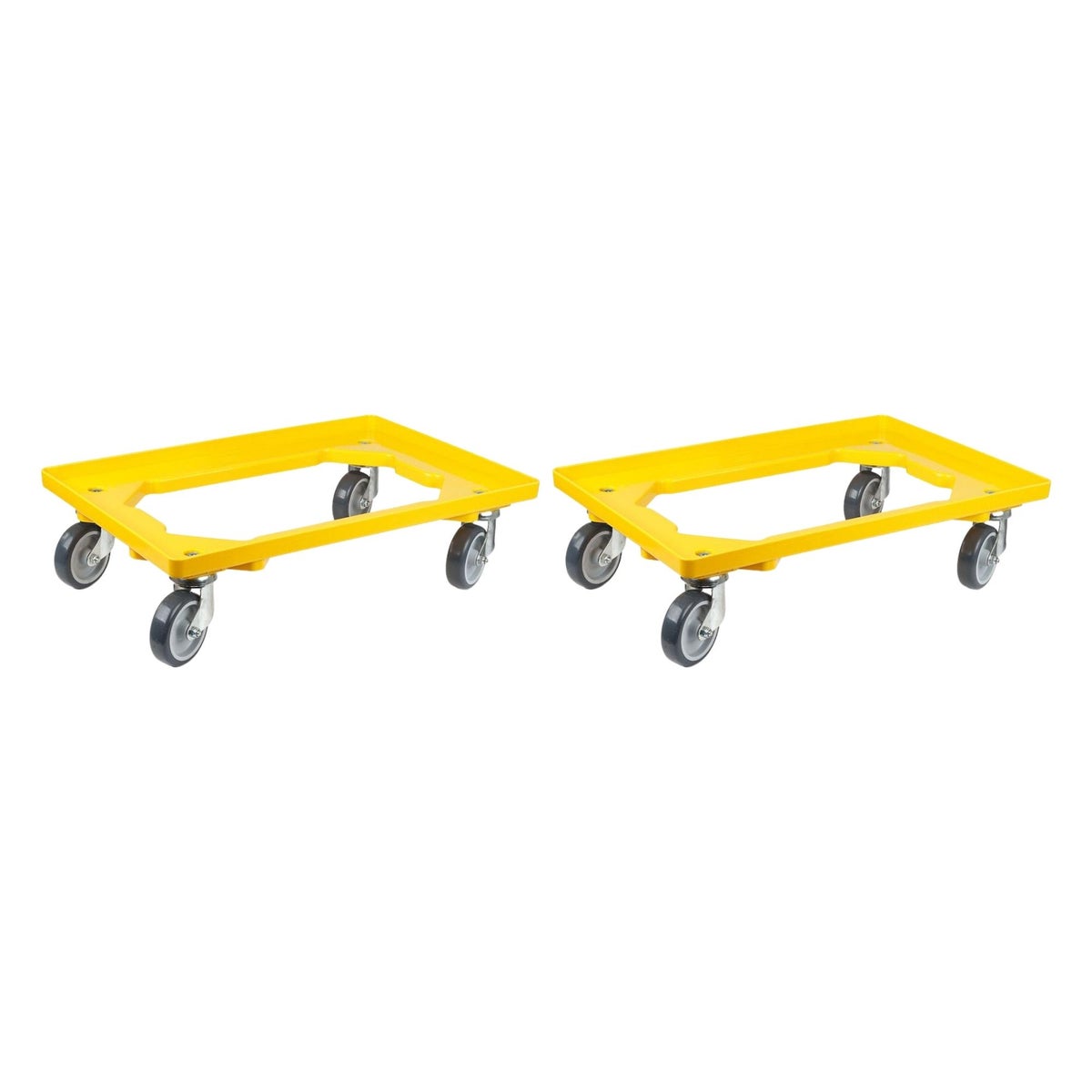 PROREGAL Voordeelset 2x Transportwagens voor Euroboxen 60 x 40 cm met Rubberen Wielen, Geel, Open Dek, 2 Zwenkwielen en 2 Bokwielen, Draagvermogen 300 kg