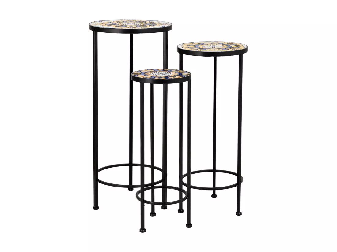 Lot de 3 supports en mosaïque noire et fer forgé D30x68h-D25x57h-D20x51h cm