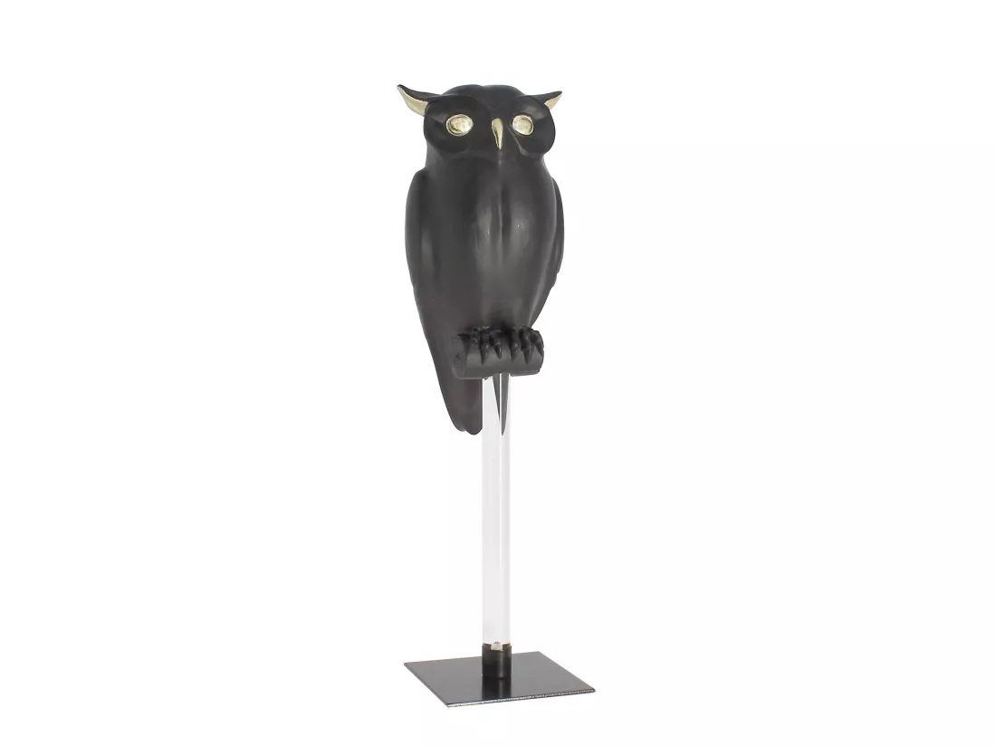 Now's Home - Hibou Grand Duc Sur Pied Noir Mat Et Doree 10x12x41cm Owly Boly