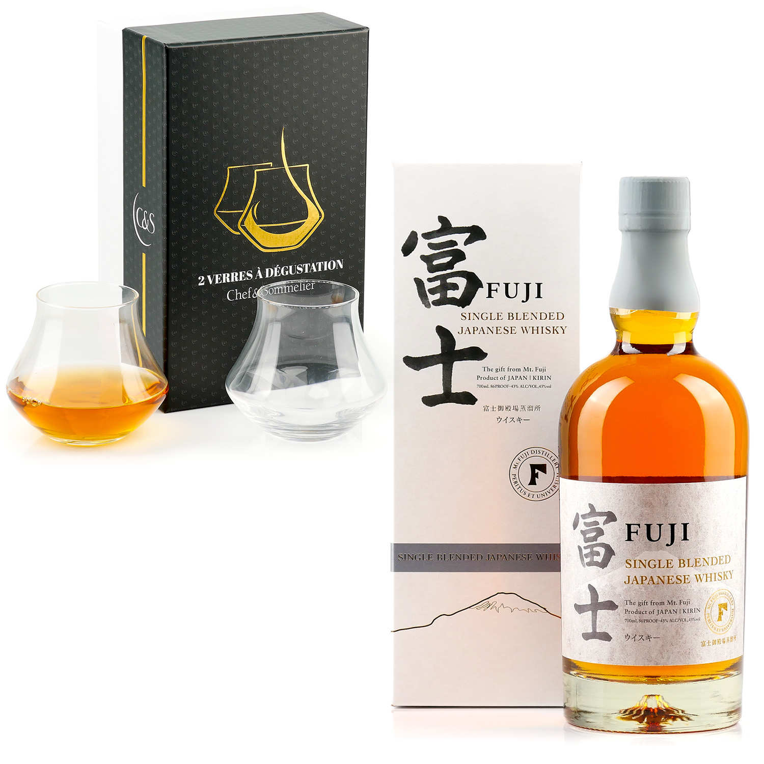 Fuji Single Blended whisky japonais et ses 2 verres dégustation