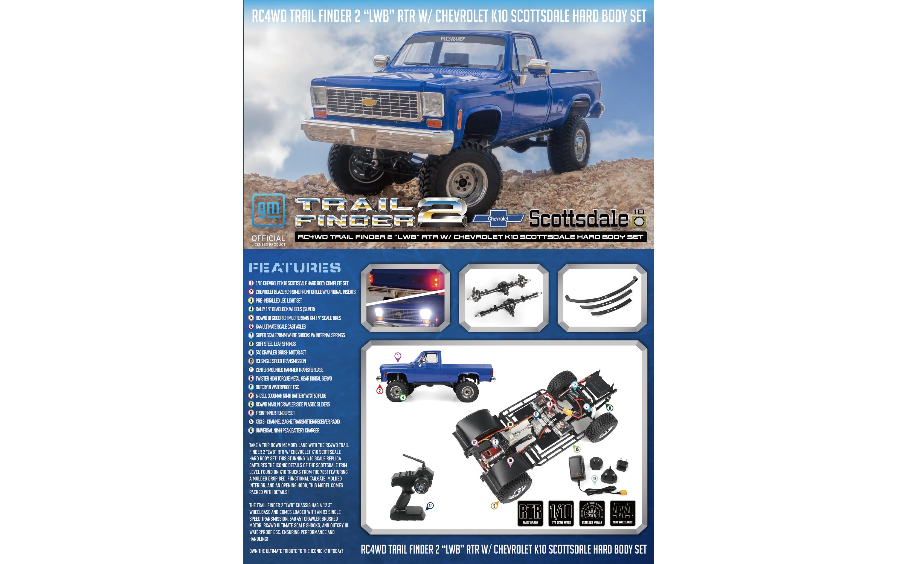 Scale Crawler Trail Finder 2 LWB Chevy K10 Blau, RTR, 1:10<br>Scale Chevrolet K10 Scottsdale Pick-up Off-Road Modell