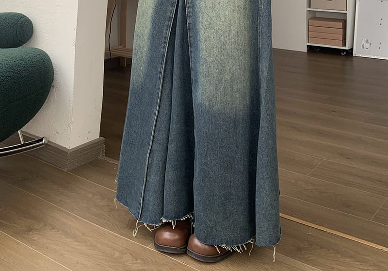 Faiar - Mid-rise gewassen, gerafeld maxi-A-lijn denimrok