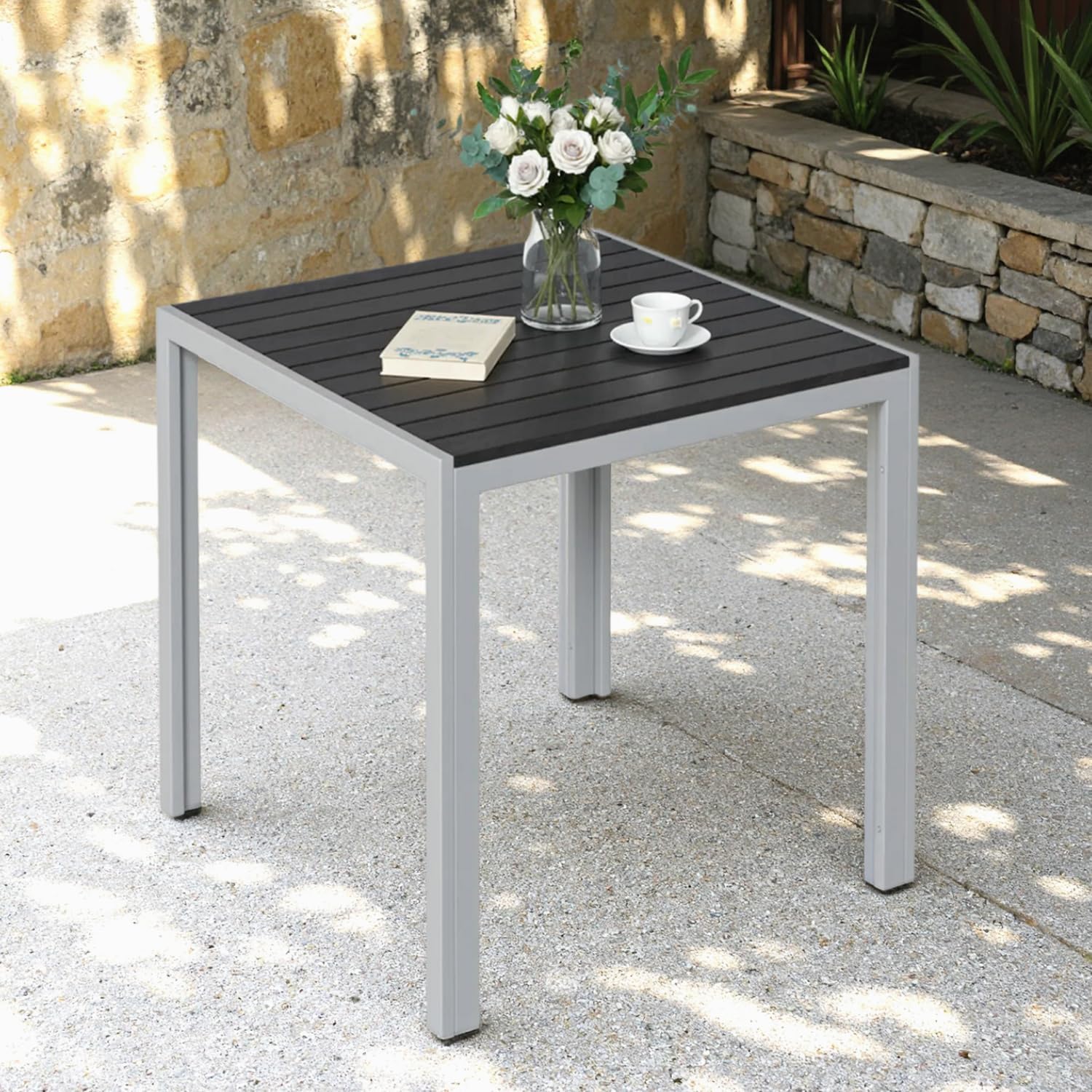 Clevich Gartentisch Wetterfeste, 75x75cm, Outdoor-Esstisch, WPC-Balkontisch, Aluminiumrahmen, Wetterfeste Gartenmöbel, quadratischer Terrassentisch, Silber Grau