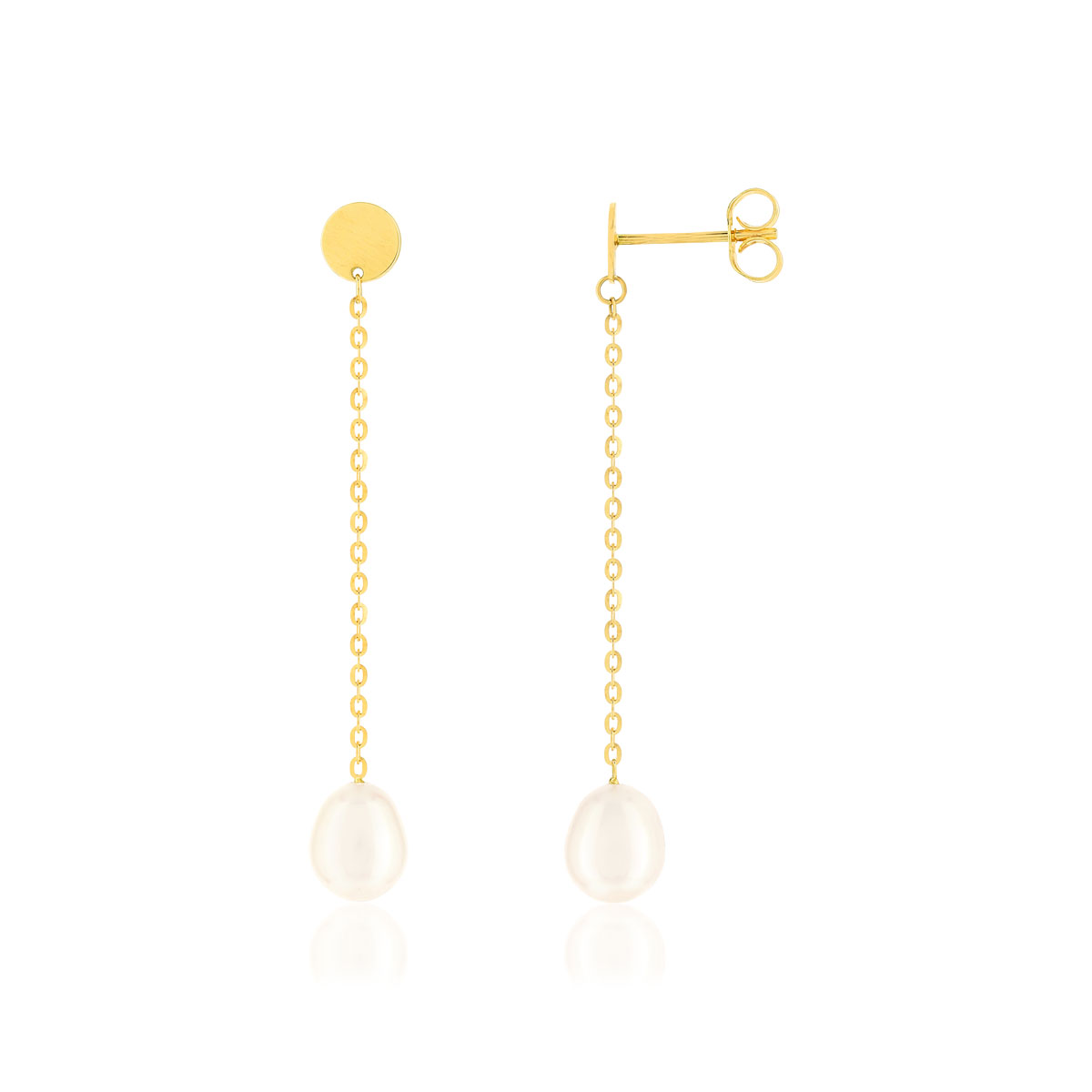 Boucles d'oreilles pendantes or jaune 375, perles de culture de Chine forme poire.