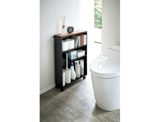 YAMAZAKI - Etagère de toilette sur roulettes métal et bois slim noir