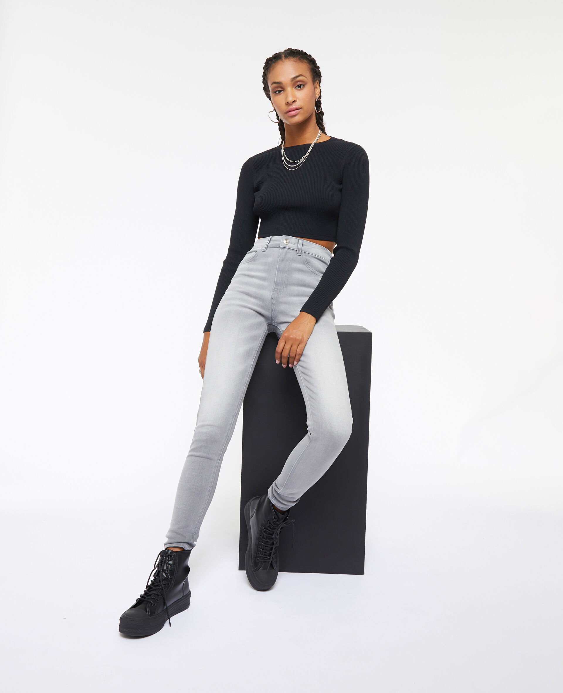 Jean skinny taille haute - Gris clair