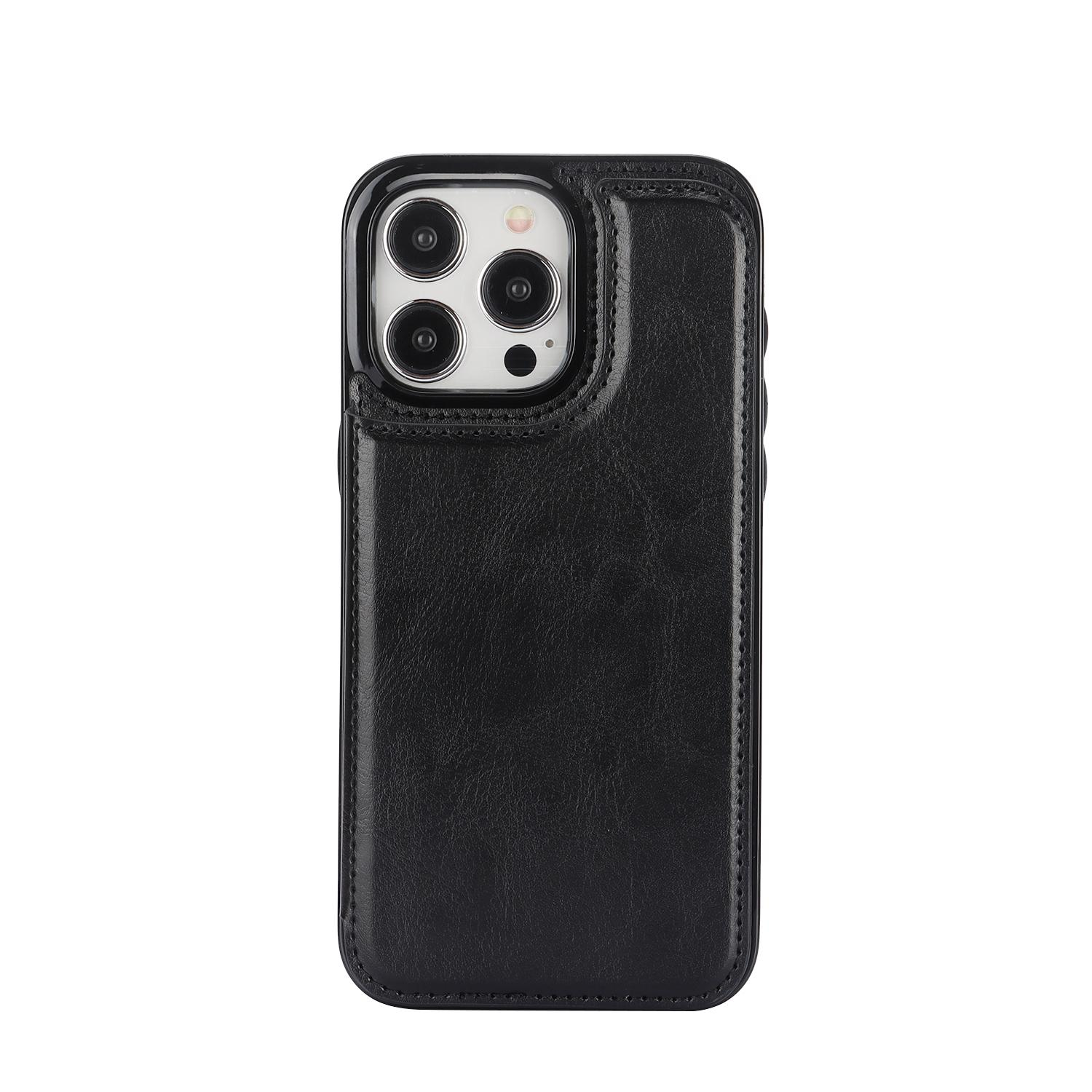 iPhone 15 Pro Max Hybrid Leder Hülle mit Kartenfach   Kickstand Aufsteller - Schwarz