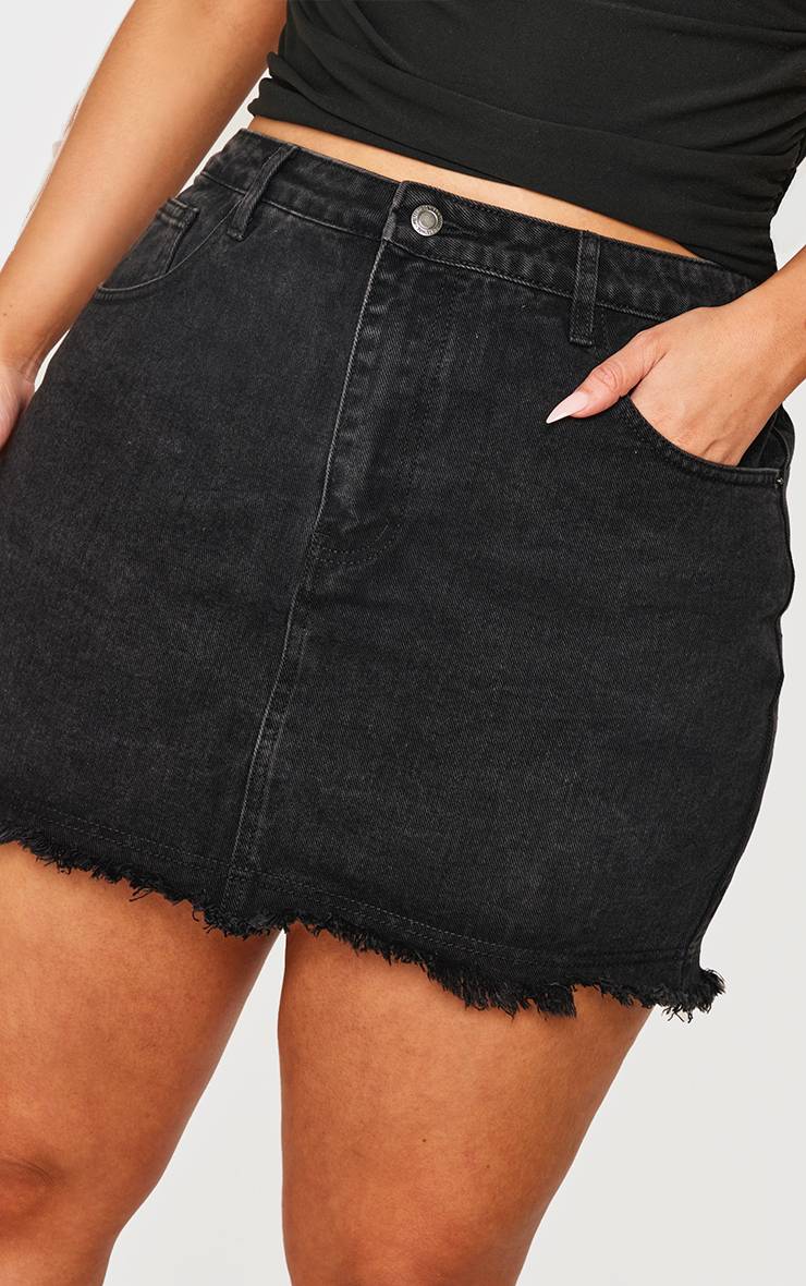 Noir Jupe Mini En Denim Délavé À Ourlet Brut Grande Taille