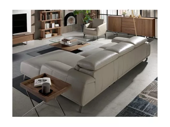 Canapé d'angle droit cuir beige clair et pieds acier Adile