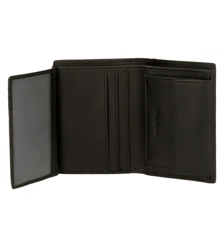 Carteira Pepe Jeans Vertical Checkbox em couro com porta-moedas, preta.
