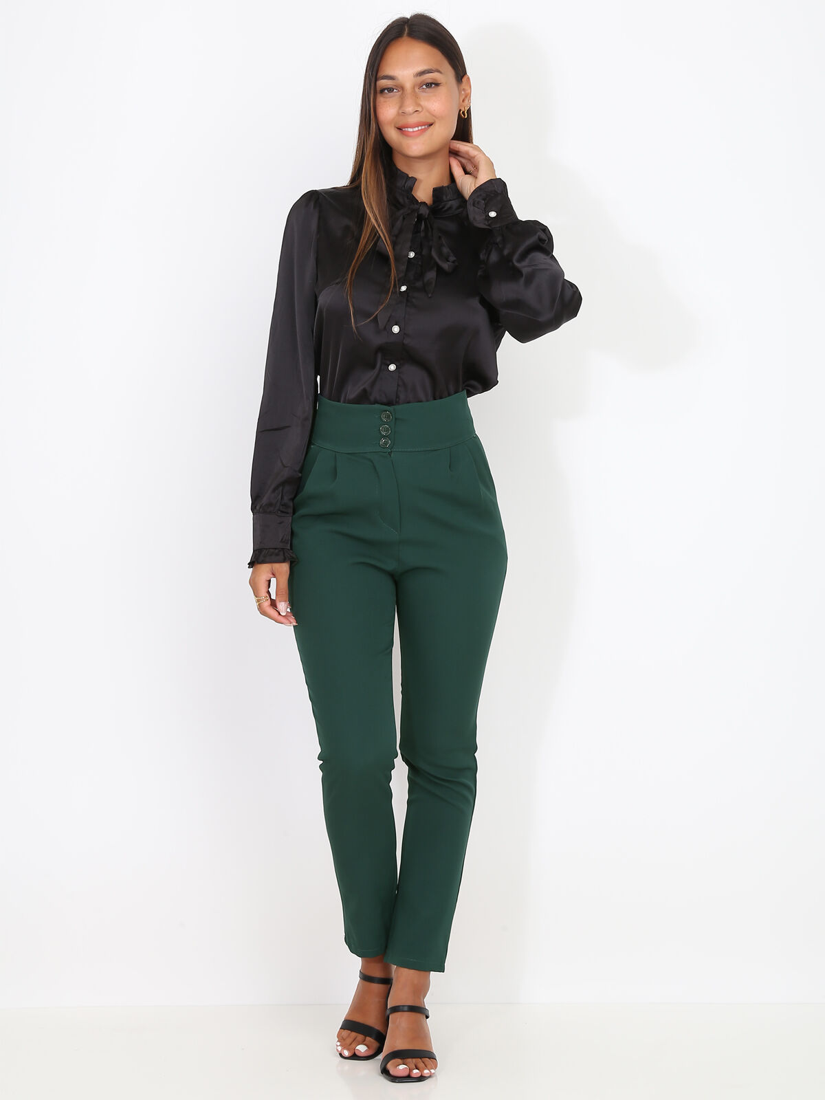 Pantalon à pinces plissé et boutonné- Vert foncé