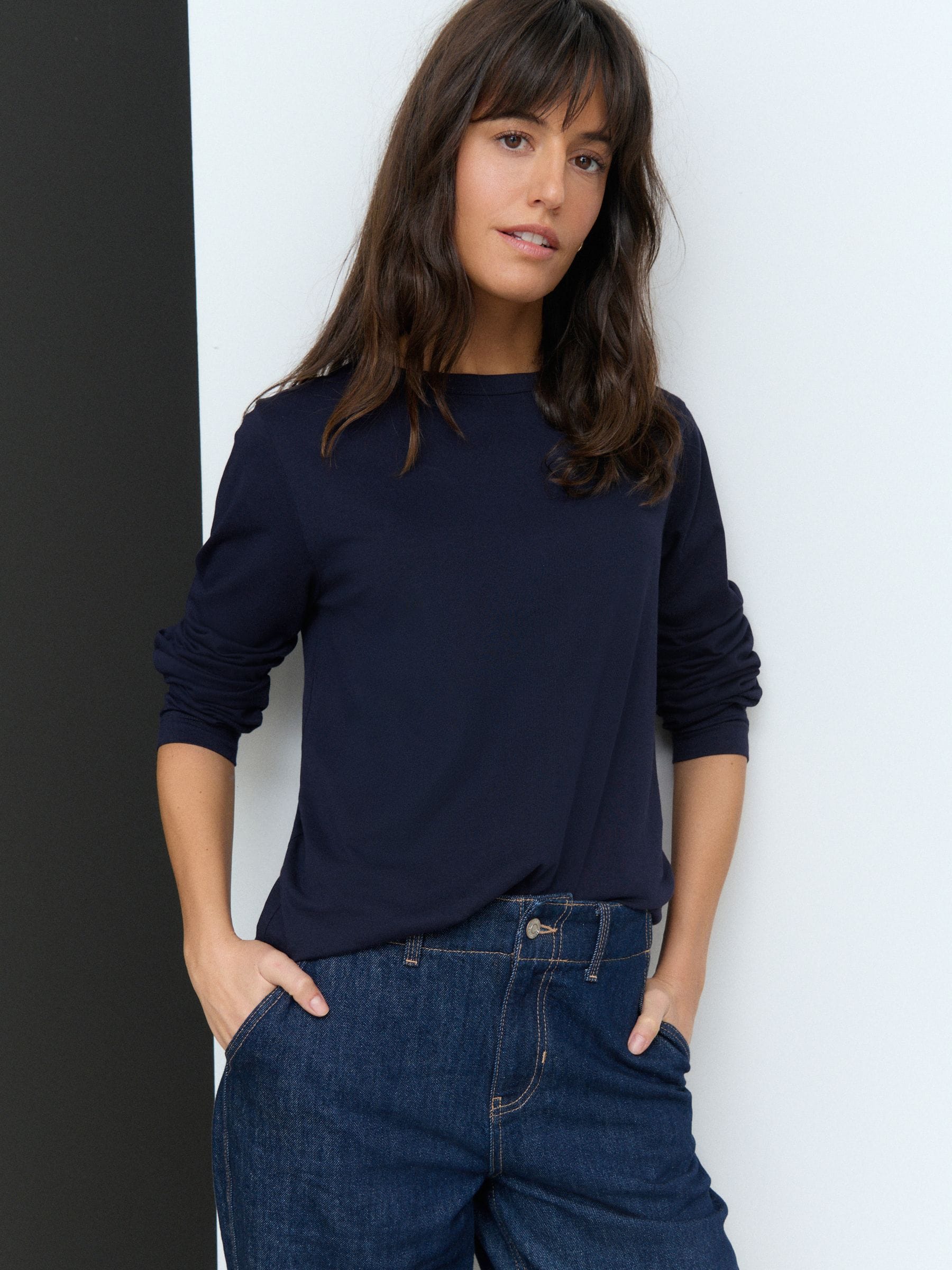 Donkerblauw - 100% katoenen T-shirt met lange mouwen